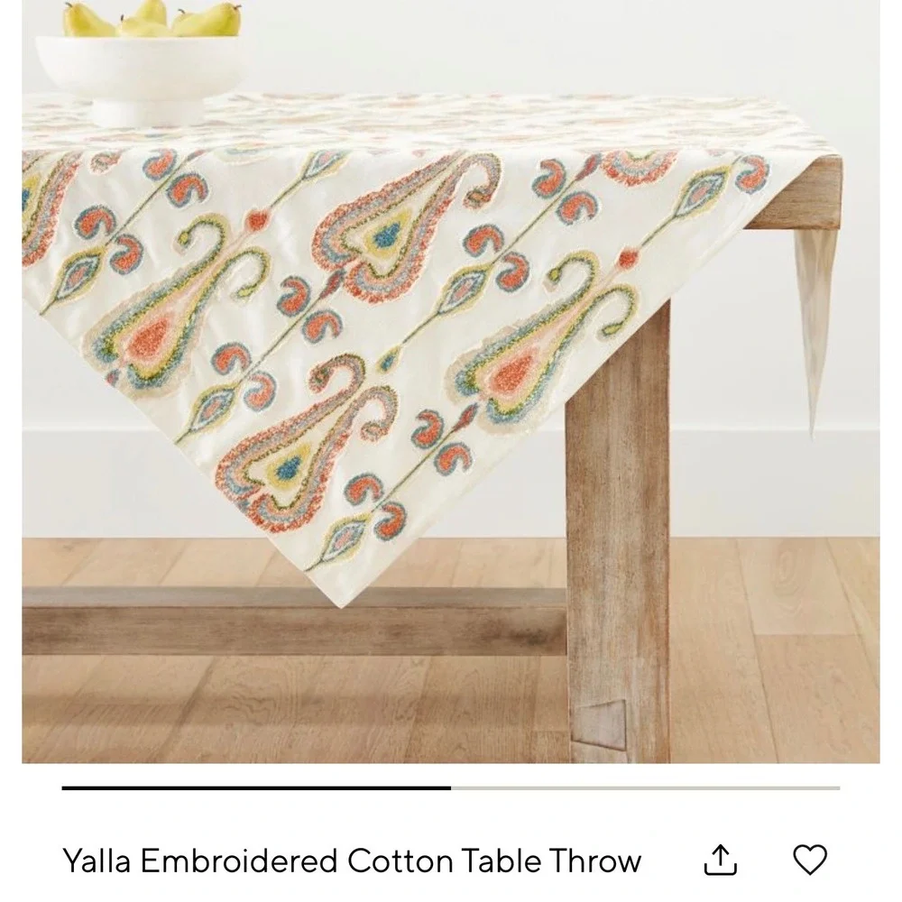Pottery Barn Yalla Ikat Embroidered Cotton Table Throw 50x50 Cream Multi NEW